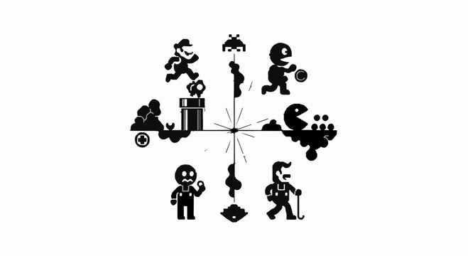 Retro video game characters in a circular graphic design with pixelated elements