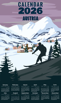 2026 Calendar Monthly Austria Ski resort poster, retro. Alpes Winter travel card