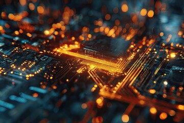 Detailed, close-up view of an illuminated circuit board with orange and blue tones
