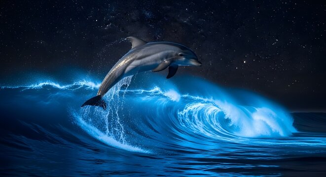 Dolphin leaping over bioluminescent wave at night under a starry sky creating a magical underwater scene - Powered by Adobe