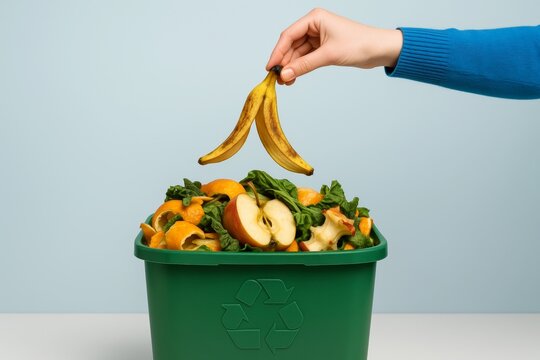 Hand dropping banana peel into green compost bin filled with food scraps like apple cores and orange peels, promoting organic waste recycling concept. Ai generative