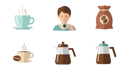 Flat Design Coffee Time Illustration with Mug, Pot and Bean Set