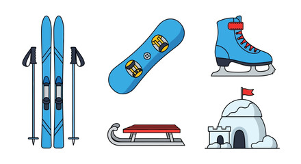Naklejka premium Cartoon Style Winter Sports and Recreation Activities Line Art Illustration