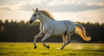 Majestic white horse galloping freely across a vibrant green field at sunset with a forest in the background