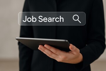 Business person holding tablet with job search bar interface hovering in front, symbolizing online employment search and digital recruitment process. Ai generative