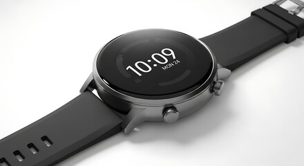 Round black smartwatch with silver casing and black strap displaying time 1009 and date M O N 24 on white background