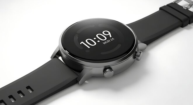 Round black smartwatch with silver casing and black strap displaying time 1009 and date M O N 24 on white background - Powered by Adobe