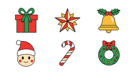 Outline Colorful Handdrawn Christmas Element with Gift Star and Santa Illustration