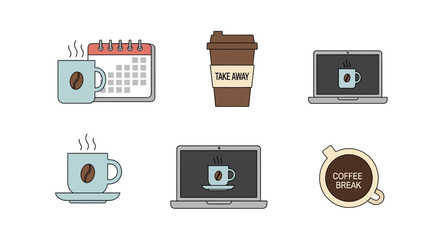 Flat Line Style Business Coffee Break Icon Set Illustration Design