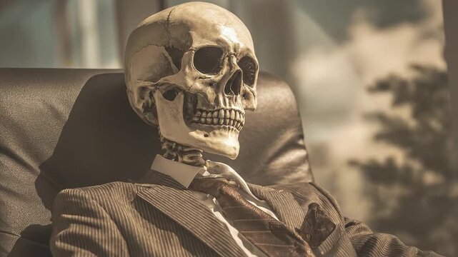 An anatomical skeleton in a pinstripe suit and tie seated in a dark leather office chair