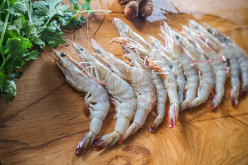 Fresh prawns and veggies, Tasty sea food. Raw Shrimps healthy meal food snack on the table.