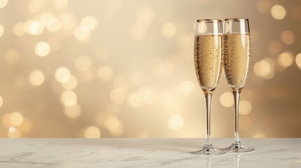 Close-up of two elegant crystal champagne glasses with gold rims filled with sparkling wine. Warm blurred bokeh lights in the background. Concept of celebration and toast.