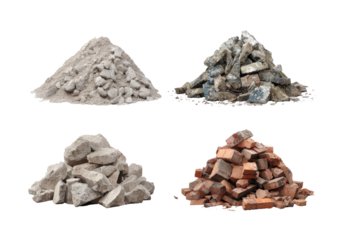 Four piles of construction debris against a black background