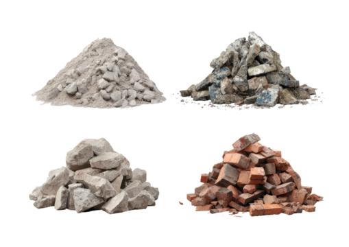 Four piles of construction debris against a black background
