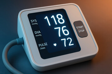 Digital blood pressure monitor with clear display showing systolic, diastolic, and pulse readings, medical device for health monitoring with start and stop button, modern design with illuminated