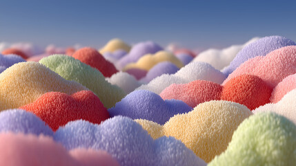 Soft colorful abstract landscape of fluffy textured 3D shapes resembling pastel coral hills, detailed micro-surface patterns, dreamy gradient lighting and smooth organic geometry
