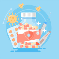 Vector Medical Equipment, Antiviral Drugs, Pills, and Safety Symbols