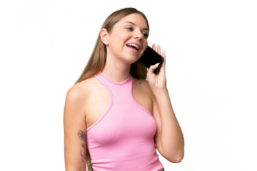 Young beautiful blonde woman over isolated background keeping a conversation with the mobile phone