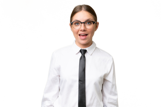 Young business caucasian woman over isolated background with surprise facial expression