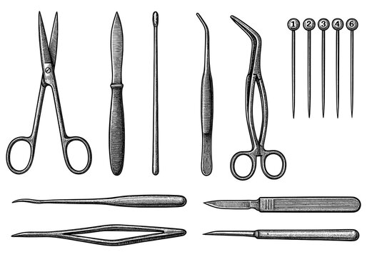 Vintage surgical instruments collection: detailed line art of medical tools
