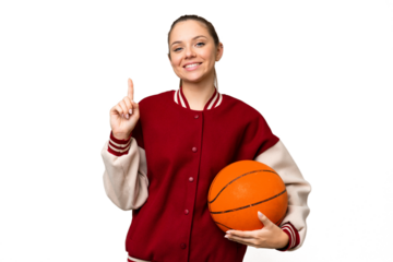 Young blonde woman playing basketball over isolated chroma key background showing and lifting a finger in sign of the best