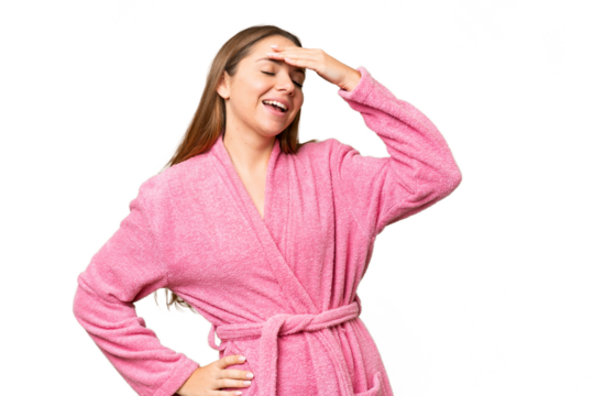 Young woman in a bathrobe over isolated chroma key background has realized something and intending the solution