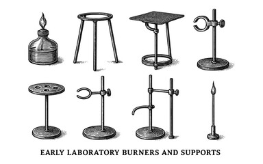 Vintage scientific equipment set with laboratory burners and supports