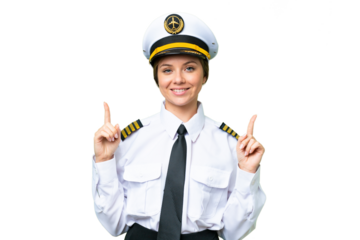 Airplane pilot woman over isolated chroma key background pointing up a great idea