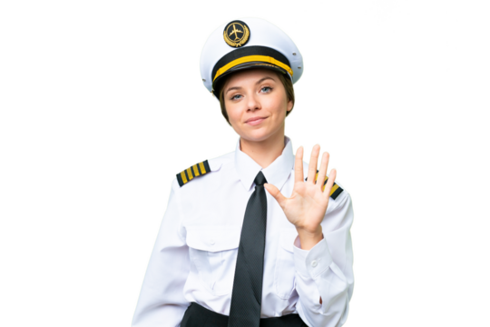 Airplane pilot woman over isolated chroma key background counting five with fingers