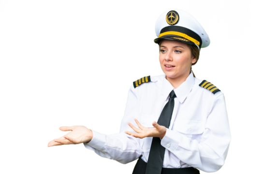 Airplane pilot woman over isolated chroma key background with surprise facial expression