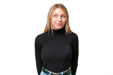 Young pretty blonde woman over isolated chroma key background making doubts gesture looking side