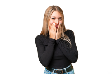 Young pretty blonde woman over isolated chroma key background happy and smiling covering mouth with hands