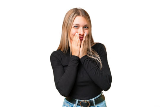 Young pretty blonde woman over isolated chroma key background happy and smiling covering mouth with hands