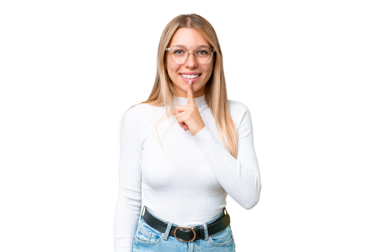 Young pretty blonde woman over isolated chroma key background showing a sign of silence gesture putting finger in mouth