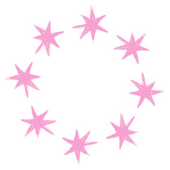 Funny pink stars with wax crayon texture arranged in a circular frame. Round border, naive girly design element, party decoration, invitation template on transparent background Vector illustration