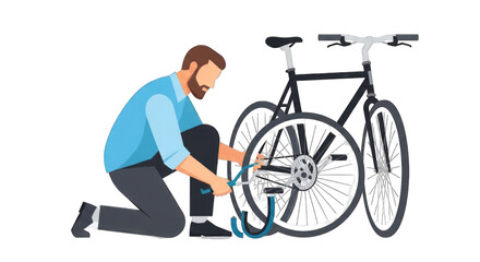 Man Inflating Bicycle Tire with Hand Pump for Maintenance.