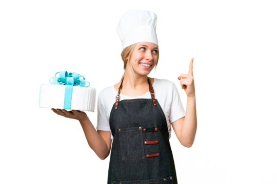 Young pastry blonde woman with a big cake over isolated chroma key background pointing up a great idea - Powered by Adobe