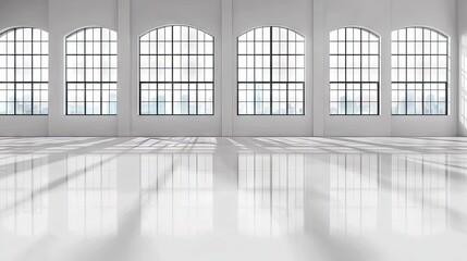 An empty, bright loft space with large arched windows casting dramatic shadows on a highly polished white floor.