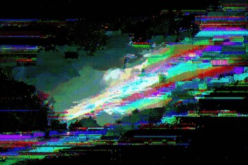 Abstract digital art with distorted colors depicting a stylized landscape