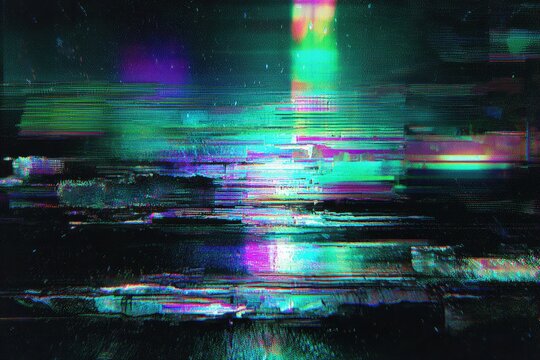Abstract digital artwork featuring glitch effects, vibrant colors, and a sense of ethereal landscapes