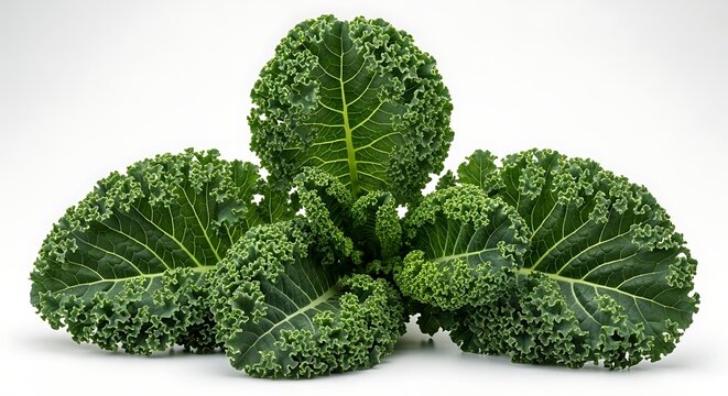Fresh green curly kale leaves arranged on a white background leaf vegetable
