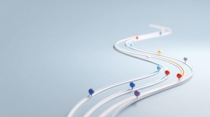 A long white road surrounded by multiple colored pins representing corporate excellence and strategic pathways ahead