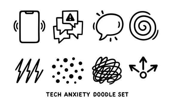 Tech anxiety doodle set: simplistic icons of digital stress and communication overload