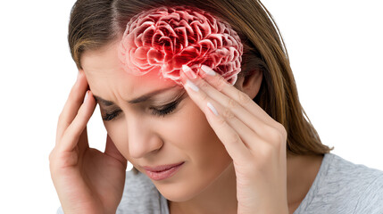 A woman struggles with a headache, holding her head in frustration. The imagery depicts the pain and discomfort associated with migraines or stress, emphasizing health awareness.