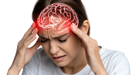 A woman experiencing a headache with a highlighted brain illustration, symbolizing pain and discomfort, against a white isolated background.