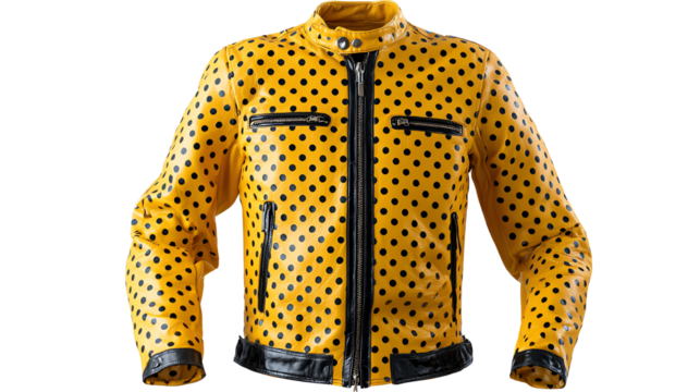 A stylish yellow leather jacket with polka dots, featuring black zippers and pockets, perfect for fashion-forward individuals looking to make a statement.