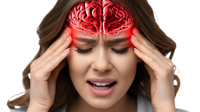 A woman experiencing a headache, holding her temples with a distressed expression