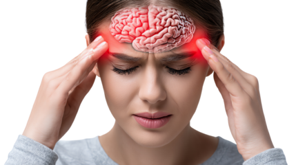 A woman in distress, experiencing a headache, with a graphic representation of a brain highlighted to symbolize pain. Isolated on white background.