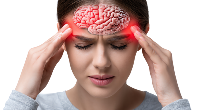 A woman in distress, experiencing a headache, with a graphic representation of a brain highlighted to symbolize pain. Isolated on white background.
