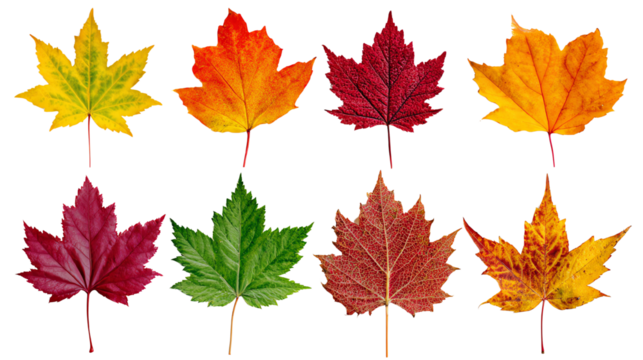 Colorful assortment of maple leaves in vibrant hues of red, orange, yellow, and green, showcasing the beauty of autumn foliage on a white isolate background.